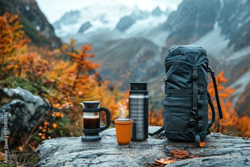 Traveler's coffee kit with a portable grinder and cup set against a breathtaking mountainous sunset backdrop.