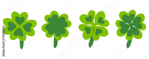 Heart shaped four leaf clover plant collection for St Patricks Day. Perfect set for card, sticker, poster, banner. Hand drawn isolated vector illustration.