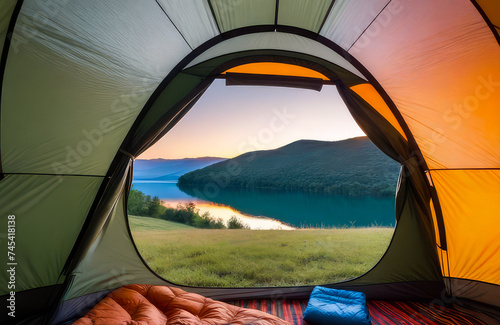 View from inside a touristic camping tent on stunning mountain lake landscape at sunrise.Active lifestyle, freedom and travel concept.Generative AI