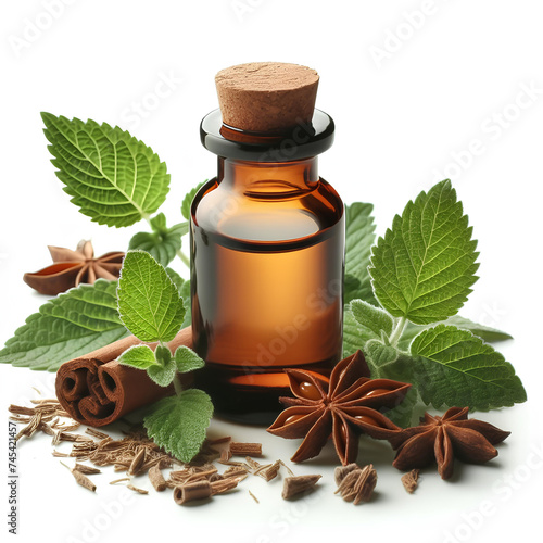 glass bottle of patchouli essential oil on white background