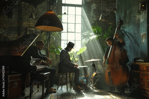 A group of people, VetalVit Jazz Trio, are seen in a room playing various musical instruments. The atmosphere is lively and filled with music as they improvise intricate melodies and rhythms