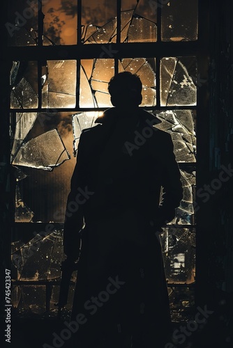 A man stands in front of a broken glass window, his silhouette framed by the shattered panes. The scene conveys a sense of vandalism or destruction