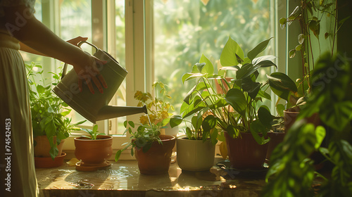 Desfrutando o Sol Pessoa Cuida de Diversas Plantas em Vasos em um Parapeito Ensolarado