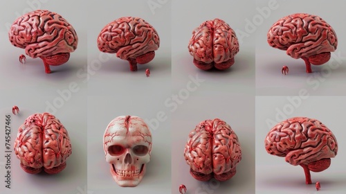 A computer-generated 3D model of a brain, displayed from multiple angles