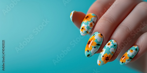 Close up delicate manicure with nail art of blooming tulip flowers on blue background, creative women manicure, concept of arrival of spring