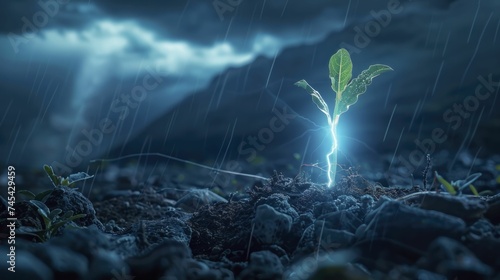 Minimalist thunderbolt ignites a seedling, embodying rapid startup growth and potential.