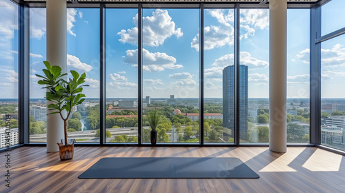 A yoga mat is placed on a wooden floor in a spacious room with a panoramic view through large windows. Ai generate