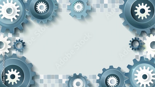 The infographic header features gray and blue gears against a checkered background
