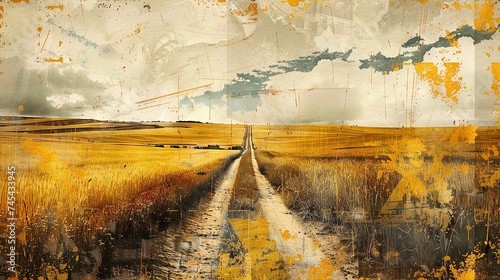 Collage with a B&W photo of Midwest prairies, enhanced by golden yellow and earthy greens, capturing the essence of vast farmlands under open skies.