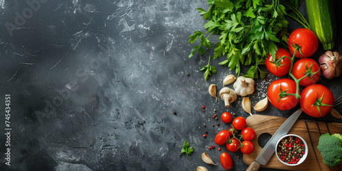 Fresh tomatoes, herbs, and mushrooms on a dark, textured surface, ready for culinary preparation.
