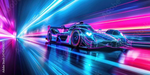 Racing car with neon lines. Speed and motion. Double exposure style