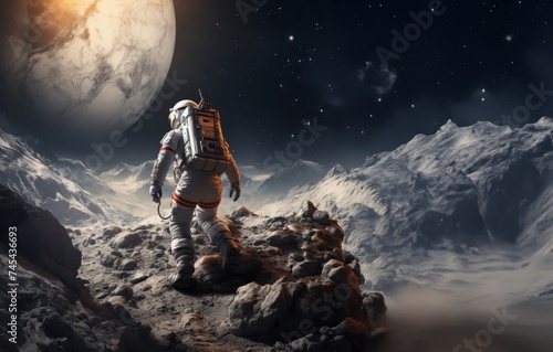 A modern astronaut is depicted exploring the surface of the moon, embodying the spirit of adventure and scientific exploration in the vastness of outer space.Generated image