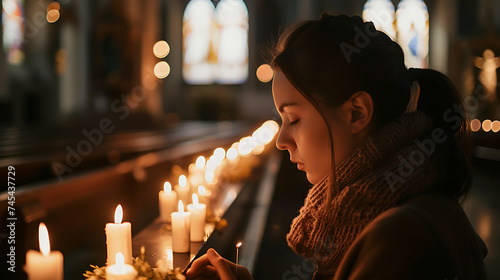 Mulher acendendo velas em um altar religioso sob luz natural suave