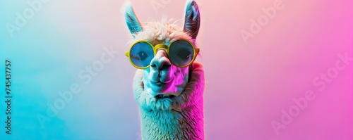 Alpaca DJ in round sunglasses, pastel pop art disco, vibrant party atmosphere, cool and collected