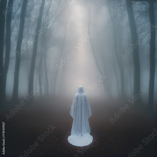 a mysterious person in a white dress in the fog looking towards the forest