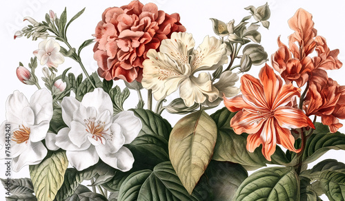 Red geranium and white dahlia flowers vintage illustration, Nature wallpaper design. Generative ai