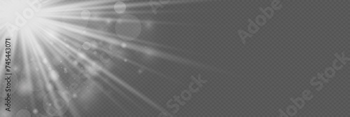 White bright sun light effect and flare flare. Explosion light effect. On a transparent background. Vector illustration