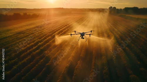 Agriculture drone fly and spray fertilizer on fields.