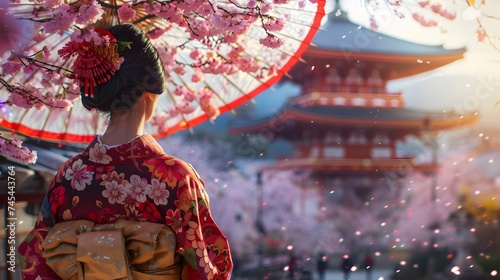 Asian woman in kimono in scenic cherry blossom garden, sakura in Japan.