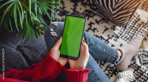 Feminine Hand Holding a Smartphone with Green Screen Mock Up Display. Female is Relaxing on a Couch at Home, Watching Videos and Reading Social Media Posts on Mobile Device. Close Up POV Photo.