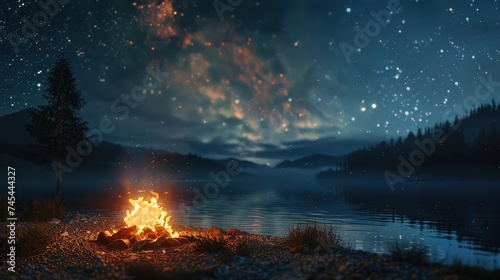 Night camping on shore. campfire under evening sky full of stars and Milky way on blue water and forest background. Outdoor lifestyle concept