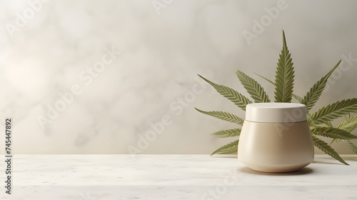 Cosmetic cream jar mockup template. Skin care product with marijuana on a light background. Natural, organic concept..Brown glass bottle mockup for cosmetic products.