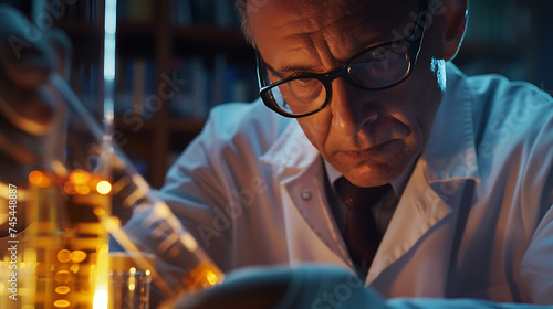 Cientista examinando tubo de ensaio com líquido brilhante em laboratório repleto de equipamentos e livros
