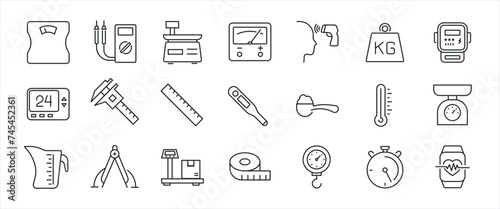 Measurement simple minimal thin line icons. Related scale, theromoeter, distance. Editable stroke. Vector illustration.