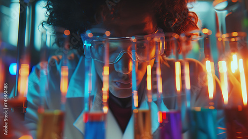 Cientista analisando líquido colorido em laboratório com equipamentos e vidraria em luz natural suave e foco na cientista e no tubo de ensaio