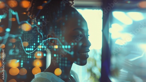 Smiling young African American woman looking at glowing digital graphs in office. Concept of hi tech and stock market analysis.