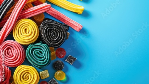 Assorted colorful candies on a blue background