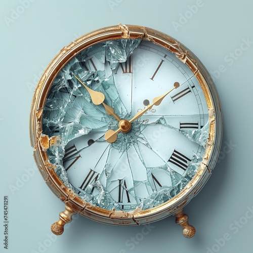 A clock with broken glass and simple background. 