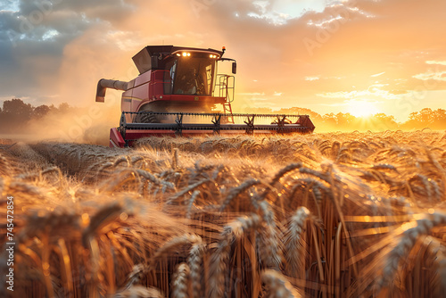 Red Combine Harvester Working in Wheat Field at Sunset