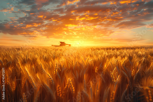 Harvester at Sunset in Wheat Field - Cinema4D Rendering