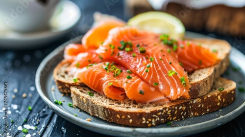 Salmon toast. Bread and salmon breakfast background