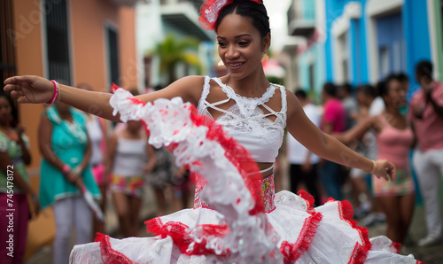 Fiestas de la calle san Sebastián, latina with white and red folklore dress dancing, puerto rico