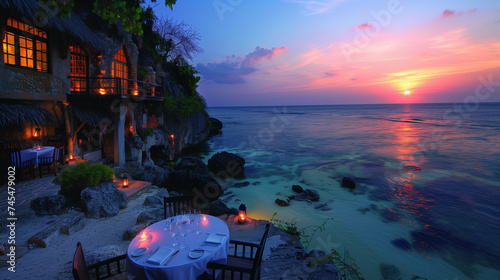restaurant by the ocean of a tropical Island, a tropical cafe with an ocean view, a Restaurant over the sea