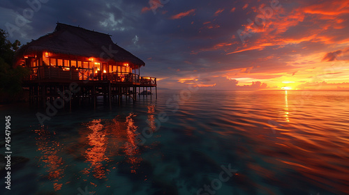 restaurant by the ocean of a tropical Island, a tropical cafe with an ocean view, a Restaurant over the sea at dusk