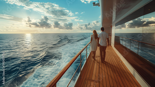 couple on a wooden deck of a cruise ship, a Luxury cruise ship travel elegant tourist man and woman on the balcony deck of a luxury yacht, Summer vacation cruise ship, copy space, cruise vacation