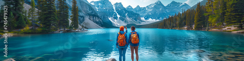 Couple travel banner landscape happy hikers in Alps lake view, Two travel hikers standing in front of the lake in the mountain in Spring
