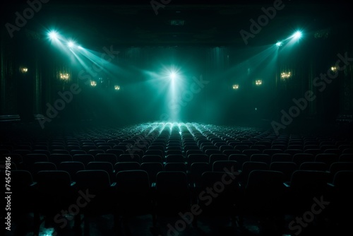 Empty theater auditorium with rows of plush red seats under a soft glow of a turquoise spotlight, creating an atmosphere of anticipation and excitement for the upcoming performance on stage.