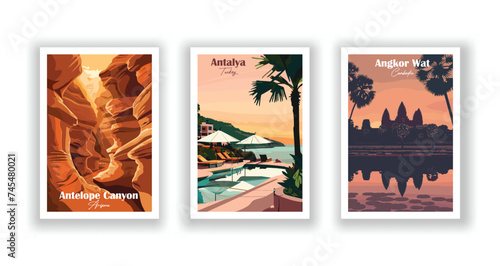 Angkor Wat, Cambodia. Antalya, Turkey. Antelope Canyon, Arizona - Set of 3 Vintage Travel Posters. Vector illustration. High Quality Prints