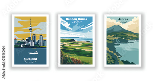Auckland, New Zealand. Azores, Portugal. Bandon Dunes ,Golf Resort - Set of 3 Vintage Travel Posters. Vector illustration. High Quality Prints