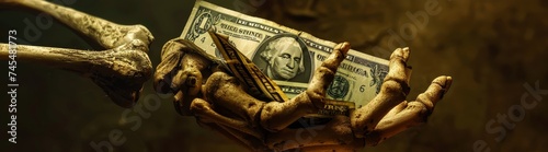 A skeletal hand holding a banknote, symbolizing the eternal chase for wealth and its mortality