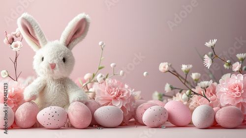 festive background Cute white stuffed bunny surrounded by flowers and easter eggs on peach color solid background , copy space