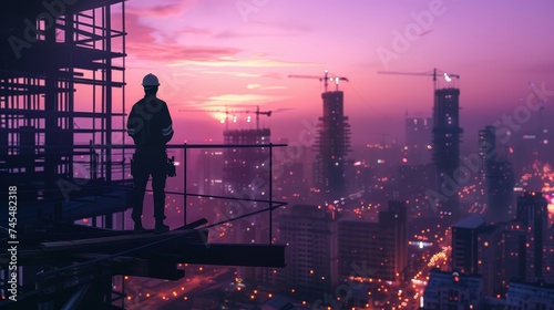 Civil engineers silhouette overseeing a futuristic city construction site at dusk A vision of innovation and progress