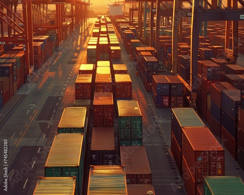 Seaport at dawn, detailed view of containers tagged for global destinations, showcasing logistics efficiency