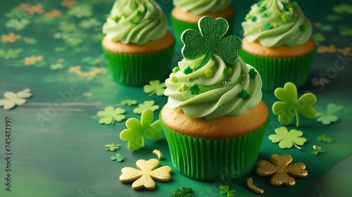 cupcake St. Patrick's Day on green background - copy text