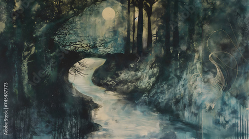 Enigmatic Forest Stream Under Moonlight