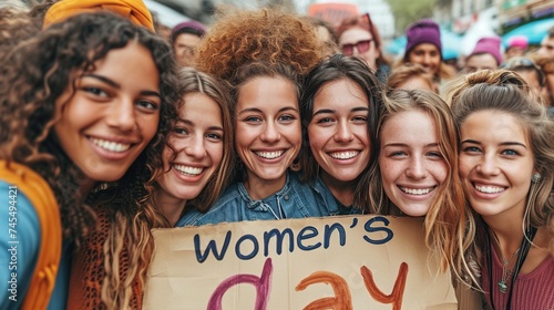 Group of happy females standing together and holding a banner with the inscription women's day